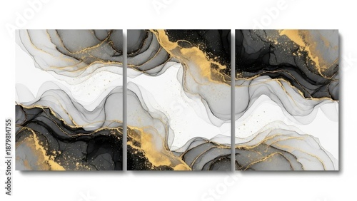 Luxurious triptych art featuring marble pattern and gold accents