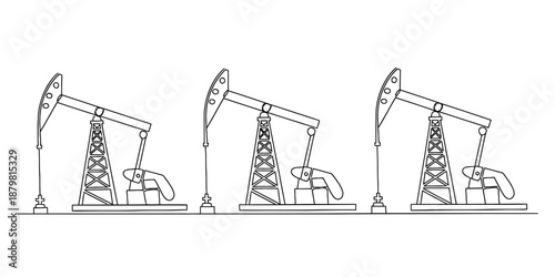 A black and white sketch illustrating multiple oil pumpjacks in action for energy extraction Vector, illustration