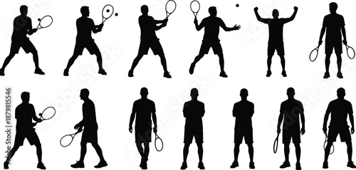 Male tennis player silhouettes performing serves, swings, and victory poses, racket sports action collection, isolated black figures on white background