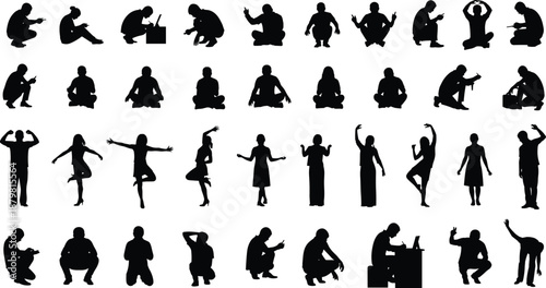 People silhouettes set showing sitting, squatting, meditating, dancing, stretching and working poses, human activities collection isolated on white background