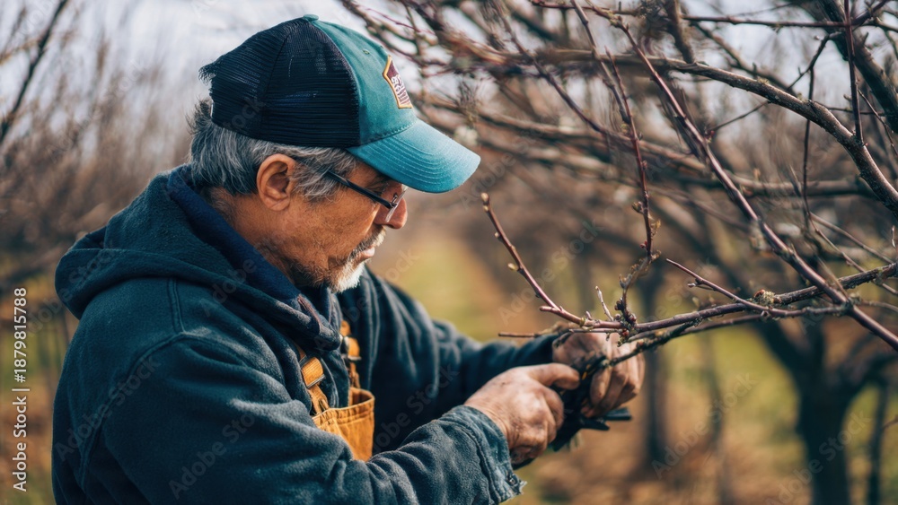 Fototapeta premium Senior man pruning fruit tree in orchard