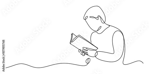 Continuous line drawing of a person reading a book, symbolizing knowledge and study Vector, illustration