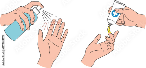 Hand hygiene and skin care illustration showing antiseptic spray and medical ointment application on human hands, cad drawing flat vector illustration.
