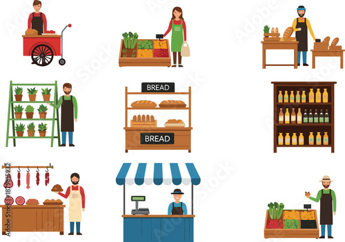 Local market vendors and shopkeepers set with stalls for fresh produce, bread, meat, and plants, cad drawing flat vector illustration.