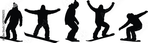 Snowboarder action silhouette set showing winter sports tricks jumps and dynamic poses isolated black vector illustration collection