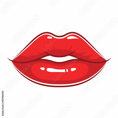 Vibrant, glossy red lips with a stylized design and dark outline, conveying sensuality and beauty.