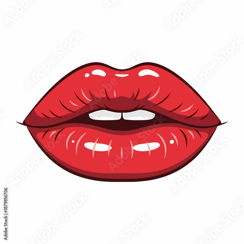 Vibrant red lips illustration with a glossy finish, slightly parted to show teeth, on a clean white background, conveying sensuality and beauty.
