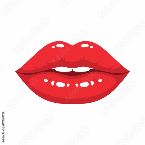 Vibrant red glossy lips with a cartoon style and slight parting, showing a hint of white teeth, isolated on a white background.
