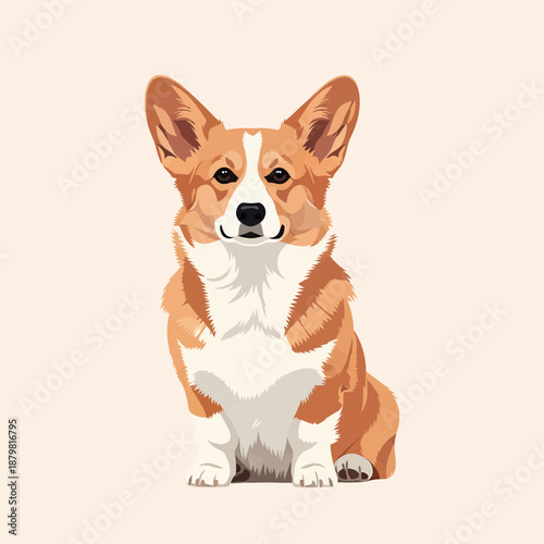 A charming cartoon illustration of a Pembroke Welsh Corgi dog sitting upright, featuring its distinctive short legs, fluffy body, and alert expression, set against a simple light background.