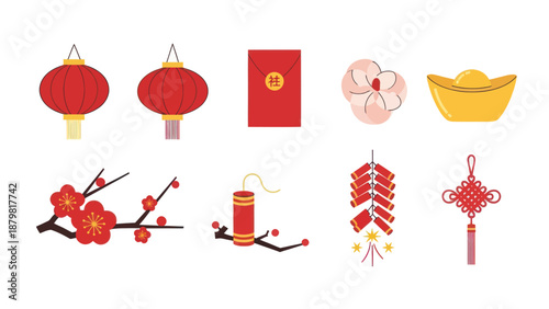 Chinese New Year Symbols Set: Lanterns, Red Envelope, Firecrackers, Plum Blossom, Gold Ingot