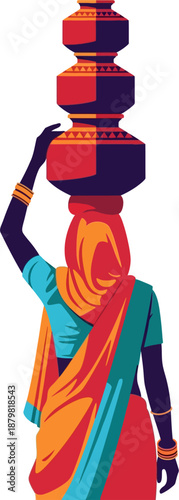 Indian Rural Woman Carrying Traditional Water Pots on Head Flat Vector Illustration of Village Life in India