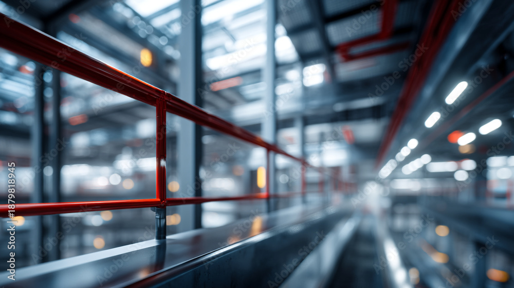Fototapeta premium Modern Industrial Facility Interior with Red Railing and Blurred Technological Machinery
