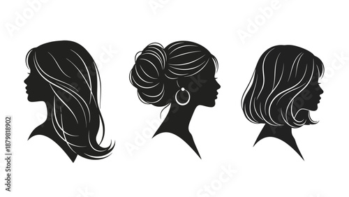 Three elegant female silhouettes showcasing diverse hairstyles: long flowing waves, a sophisticated updo with large hoop earrings, and a chic bob cut.