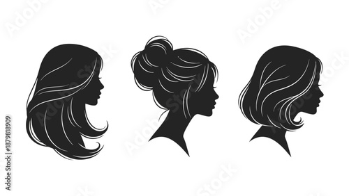 Silhouettes of three women's hairstyles, showcasing different lengths and styling techniques.