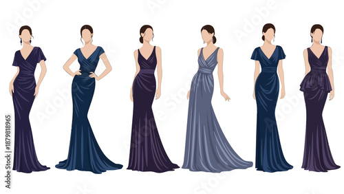 A collection of six elegant floor-length evening gowns in various shades of blue and purple, showcasing different styles and silhouettes.