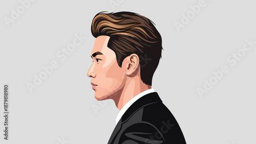Profile of a stylish young Asian man with a modern haircut and suit, rendered in a clean vector art style.