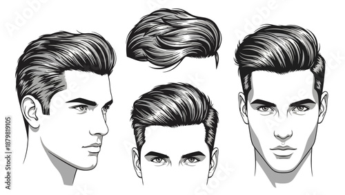 Illustrations of a man's hairstyle from different angles, showcasing a classic pompadour with volume and slicked-back sides.