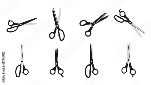 A collection of eight different types of scissors, presented in a grid formation against a white background.