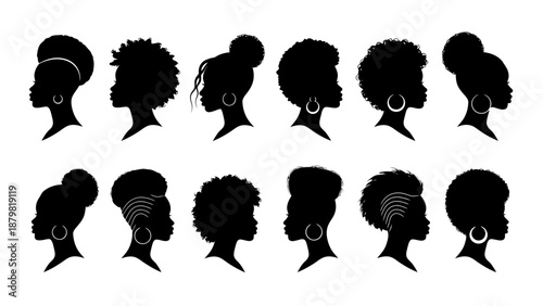 Collection of diverse black female hairstyles in silhouette, showcasing various updos, afros, and braided styles.