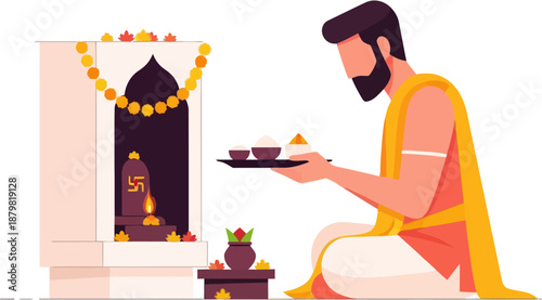 Hindu Priest Performing Home Puja at Shrine Flat Vector Illustration of Traditional Religious Ceremony in India
