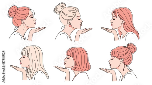 Six diverse women with different hairstyles blowing kisses, depicted in a minimalist line art style with pastel color accents.