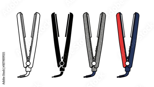 Four different colored hair straighteners, each with a black cord, displayed side-by-side against a white background.
