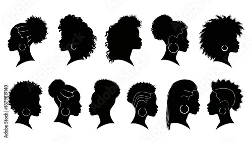 Collection of diverse black women's hairstyles and silhouettes, showcasing natural hair textures and elegant updos.