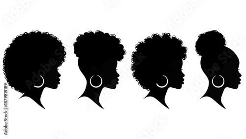 Silhouettes of Black women's hairstyles, showcasing diverse natural hair textures and updos.