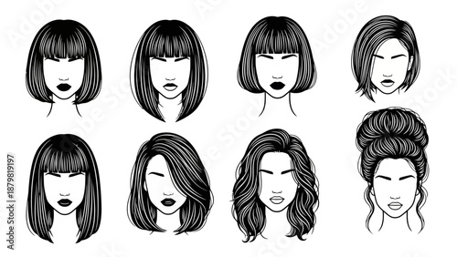Collection of eight diverse female hairstyles, including bobs, lobs, and updos, presented in a black and white graphic illustration.