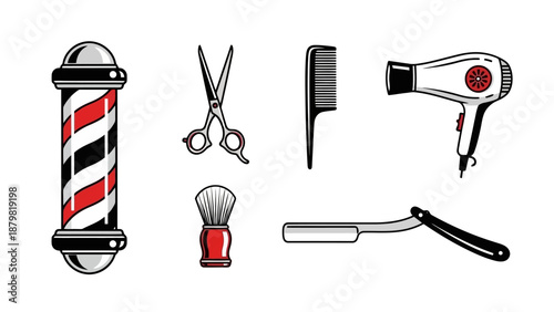 A collection of classic barber shop tools including a barber pole, scissors, comb, shaving brush, straight razor, and hairdryer.