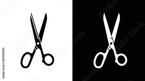 Two contrasting graphic icons of open scissors, one black on white and one white on black, representing cutting tools.