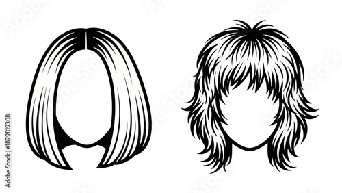 Two distinct black and white graphic illustrations of women's hairstyles, featuring a sleek bob and a layered shag cut.