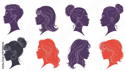 Stylized vector silhouettes of diverse women's heads in profile, featuring a range of hairstyles and colors, representing various female identities.