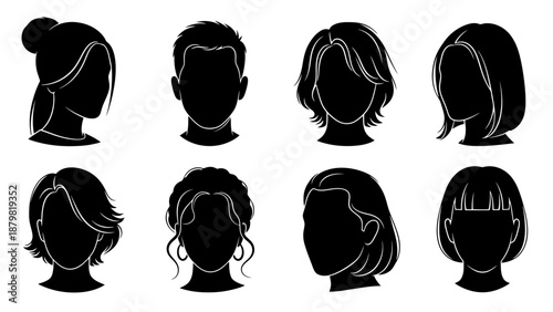 Collection of diverse black silhouette head and hairstyle icons for men and women on a white background, showcasing various hair lengths and styles.