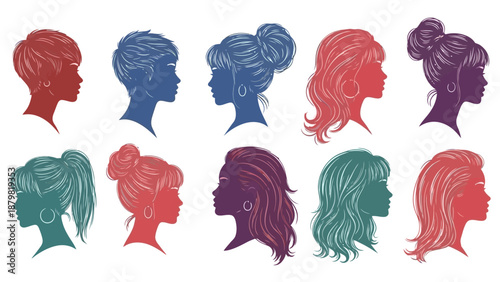 Collection of ten diverse female head silhouettes in profile, showcasing various hairstyles and hair lengths, rendered in multiple vibrant colors.