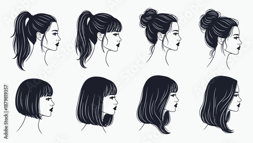 Vector illustration set of various women's hairstyles including ponytails, buns, and bobs, shown in profile view with black hair on white background.