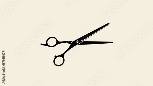 Black silhouette of open hair-cutting or styling scissors on a light beige background, symbolizing hairdressing, tailoring, or crafting.