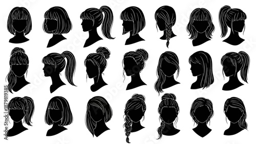 Collection of black silhouettes depicting various women's hairstyles and haircuts, showcasing different lengths, styles, and profiles from front and side views.
