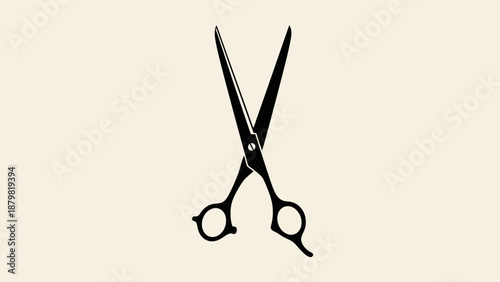A pair of black open scissors, a common tool for cutting, against a plain light background, often used in hair styling or crafting.