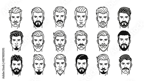Collection of diverse male faces showcasing various beard, mustache, and hairstyle styles in black and white line art.