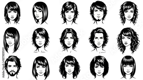 Collection of diverse black and white vector illustrations showcasing various men's and women's hairstyles and haircuts.