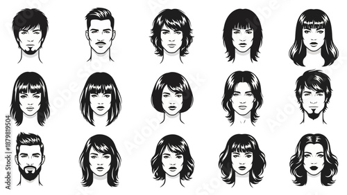 Collection of diverse male and female headshots with various hairstyles and facial hair in a monochrome vector illustration style.