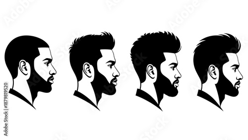 Four black and white vector illustrations of men's profile views showcasing various beard styles and modern hairstyles.