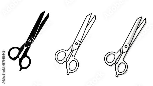 Three distinct styles of scissors, including a black silhouette, an outline, and a shaded drawing, all depicted with open blades.