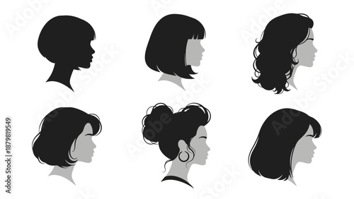 Collection of six diverse female hairstyles shown in silhouette profile view against a white background.