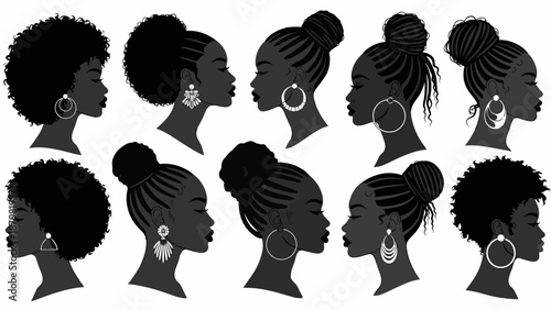 Collection of diverse Black women's hairstyles and profiles, showcasing elegant updos and natural afros with statement earrings.