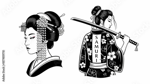 Two distinct illustrations of Japanese women, one in traditional geisha attire and the other as a samurai warrior holding a katana.