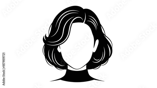 Stylized illustration of a woman's short, wavy black bob haircut with a side part, presented in a minimalist black and white graphic style.