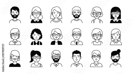 A diverse collection of black and white avatar icons representing various individuals with different hairstyles and accessories.