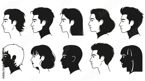 Collection of diverse male and female profile illustrations showcasing various hairstyles and facial features in a clean, graphic style.